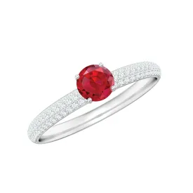 Lab Created Ruby Solitaire Ring with Moissanite Side Stones