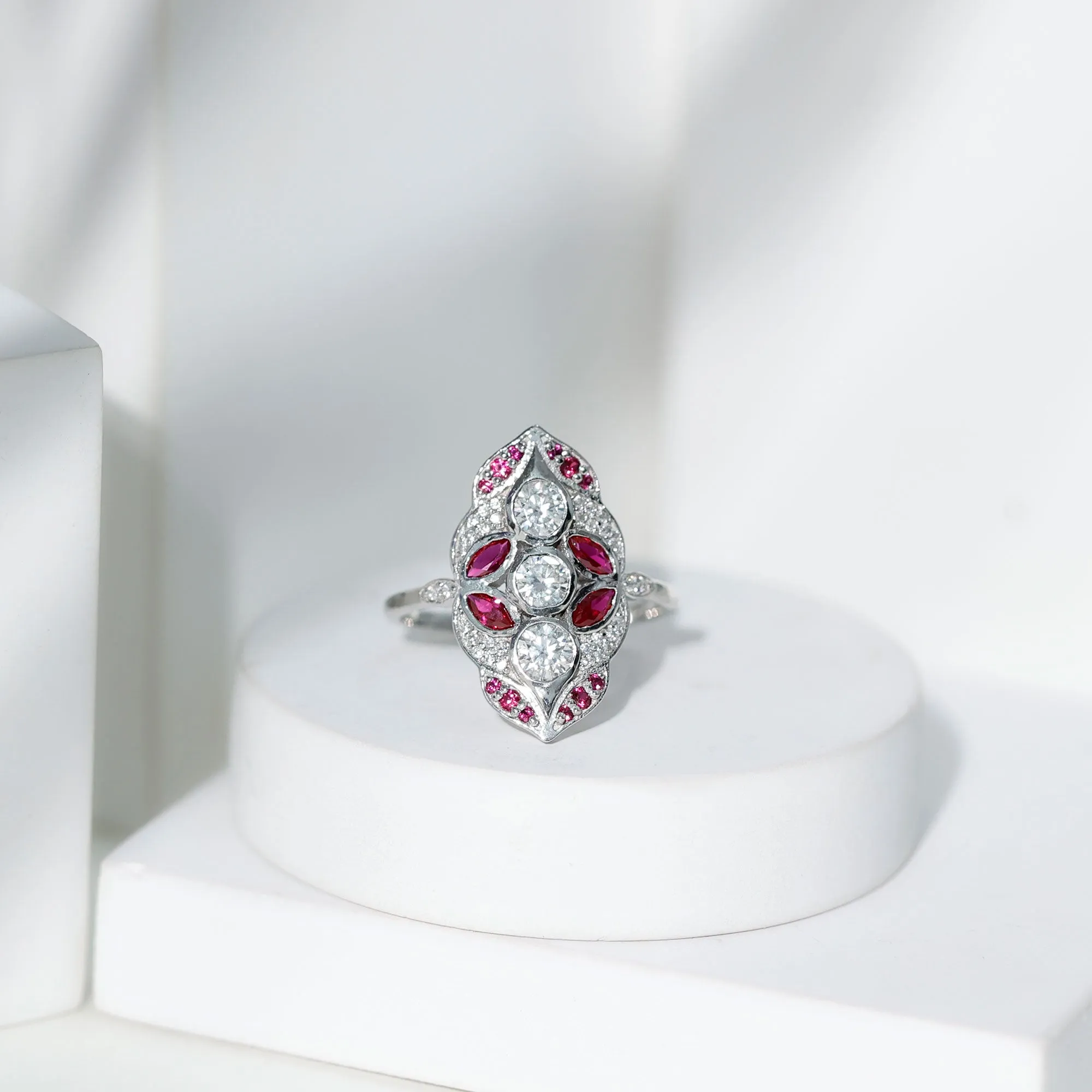 Lab Grown Ruby Cocktail Engagement Ring with Moissanite