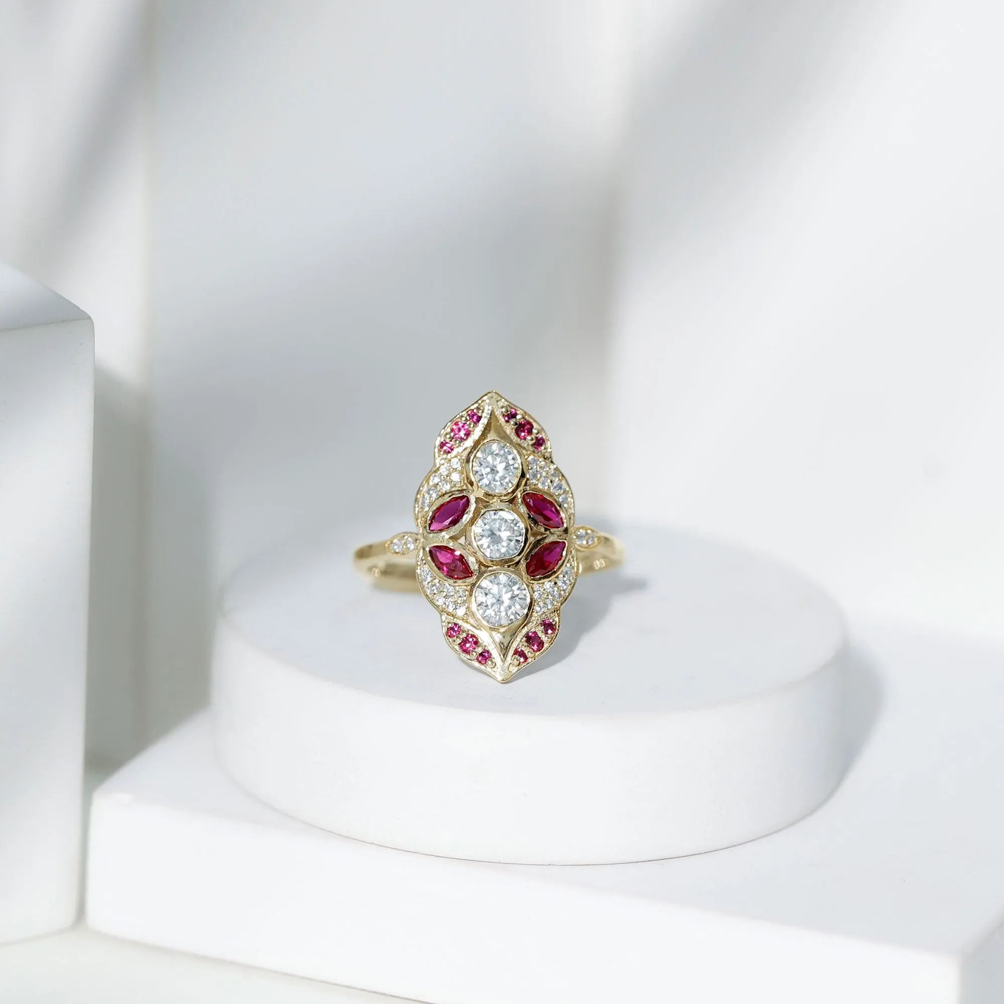 Lab Grown Ruby Cocktail Engagement Ring with Moissanite