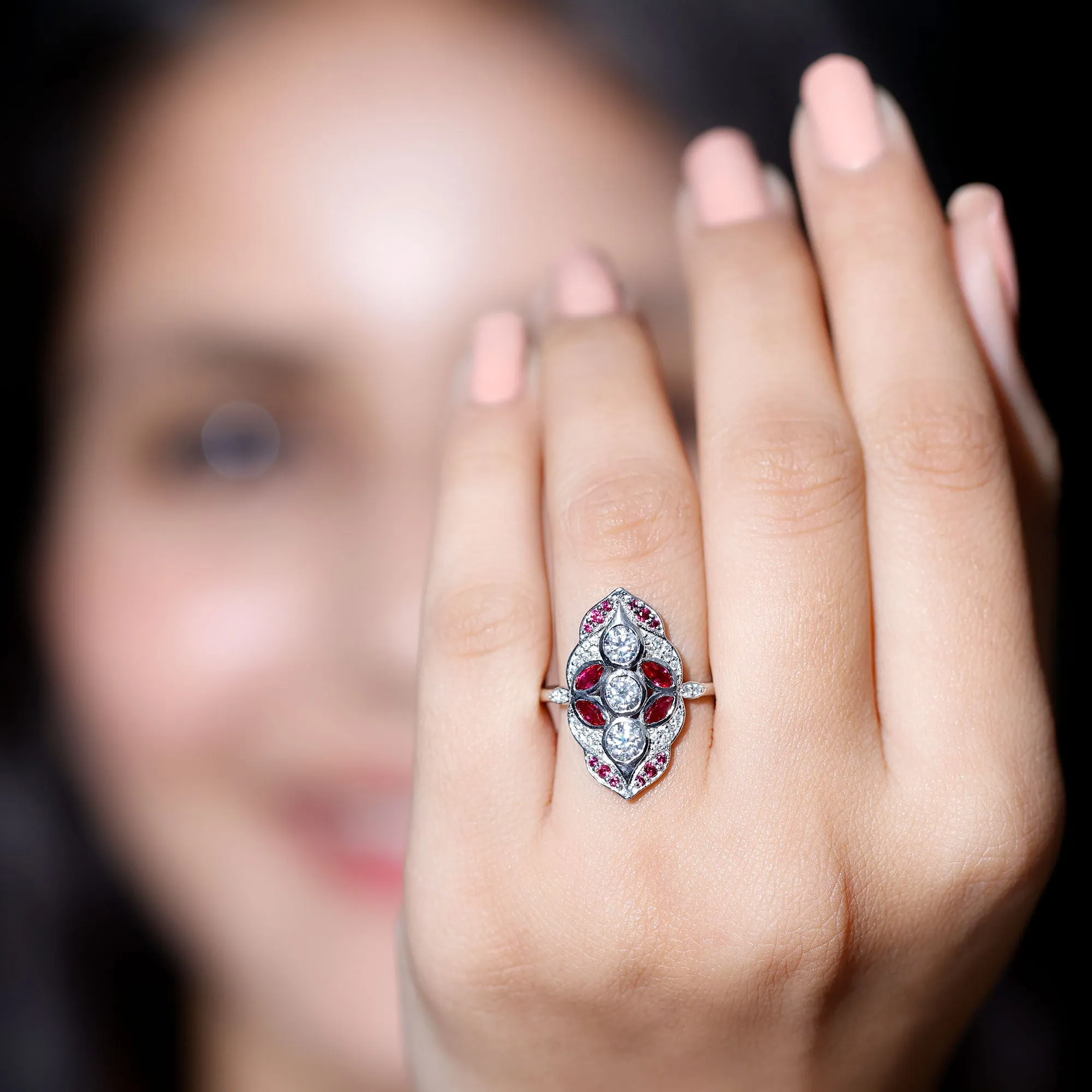 Lab Grown Ruby Cocktail Engagement Ring with Moissanite