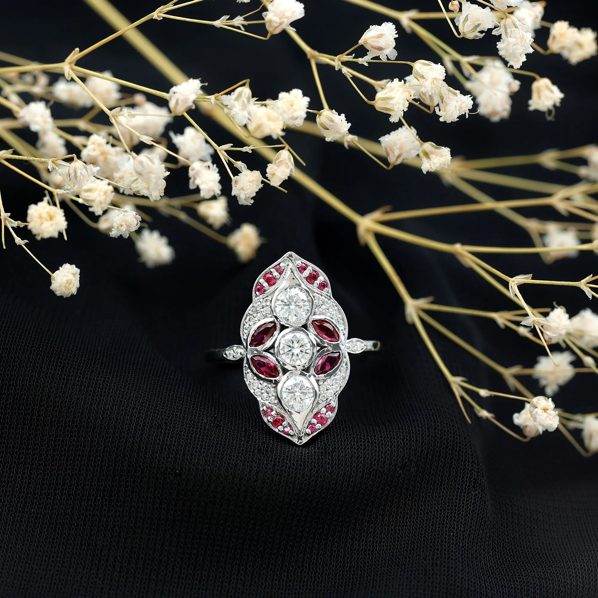 Lab Grown Ruby Cocktail Engagement Ring with Moissanite