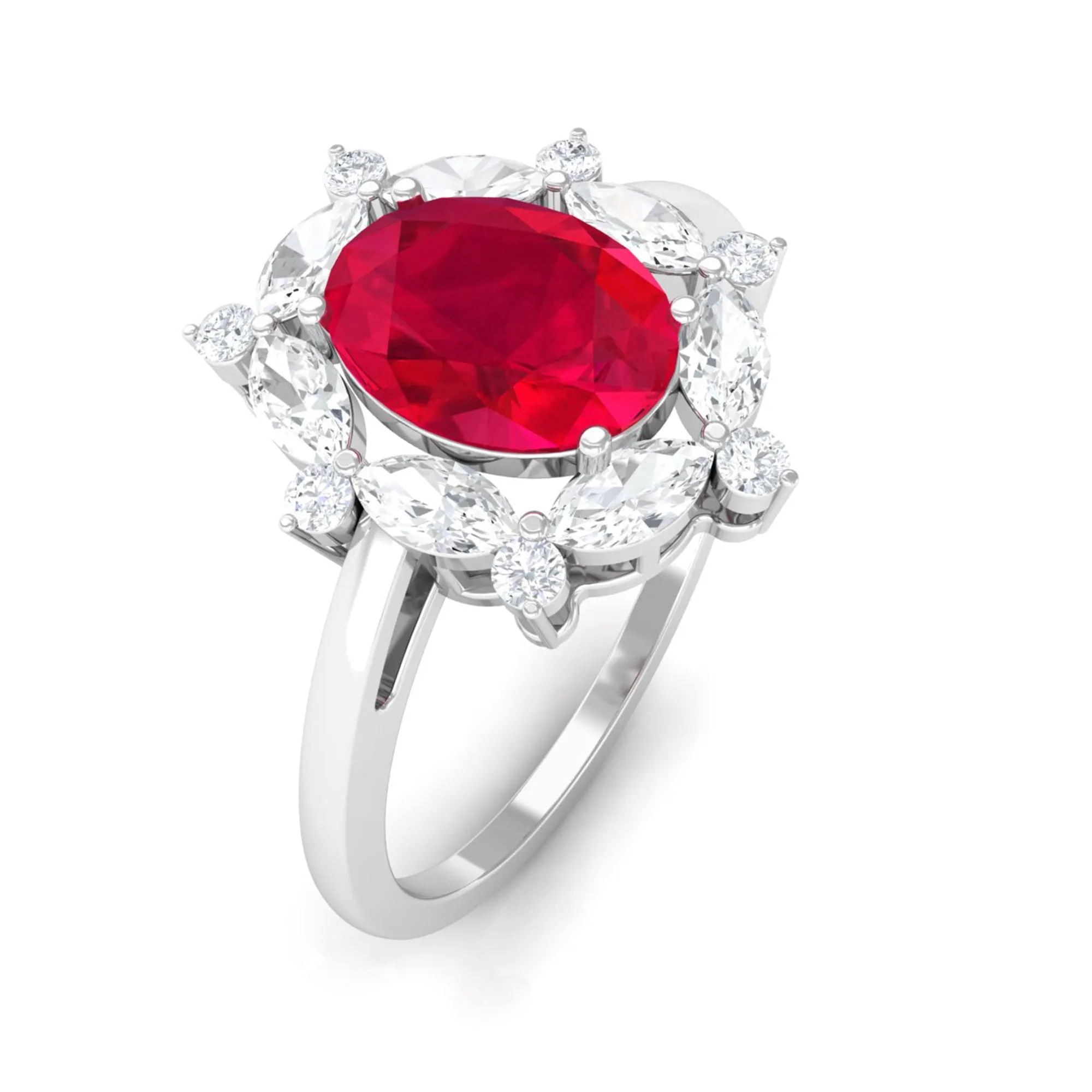 Lab Grown Ruby Designer Halo Engagement Ring with Moissanite