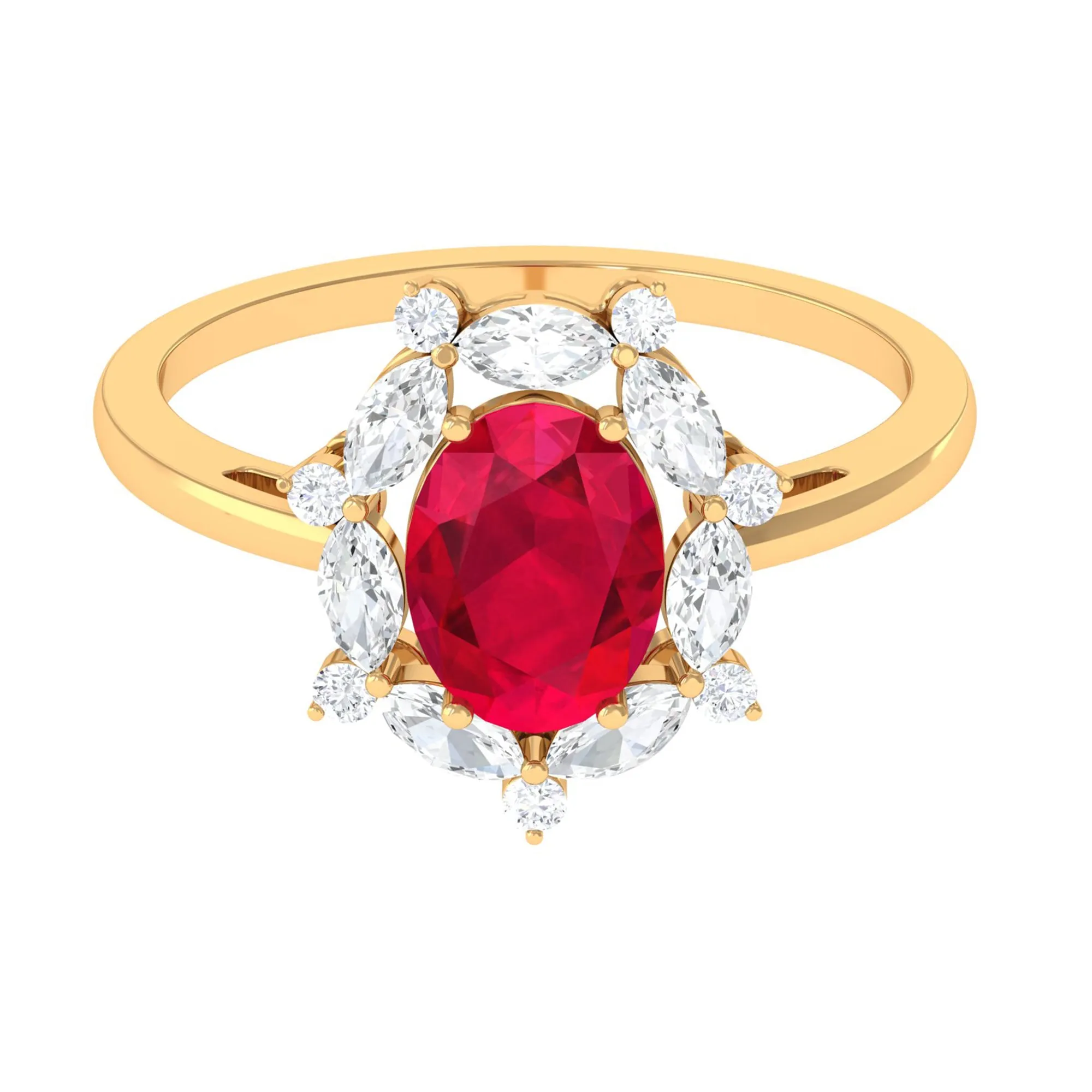 Lab Grown Ruby Designer Halo Engagement Ring with Moissanite