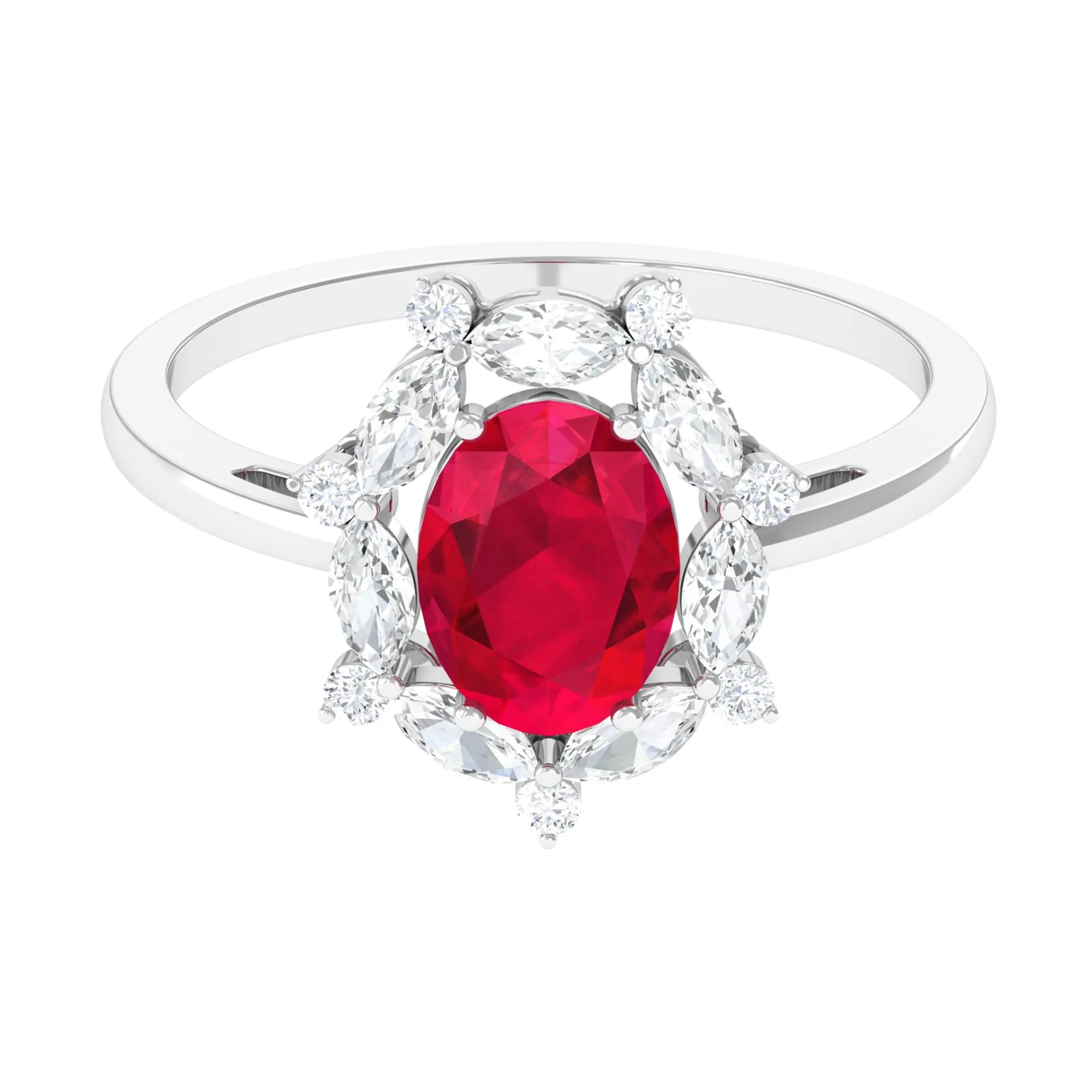 Lab Grown Ruby Designer Halo Engagement Ring with Moissanite