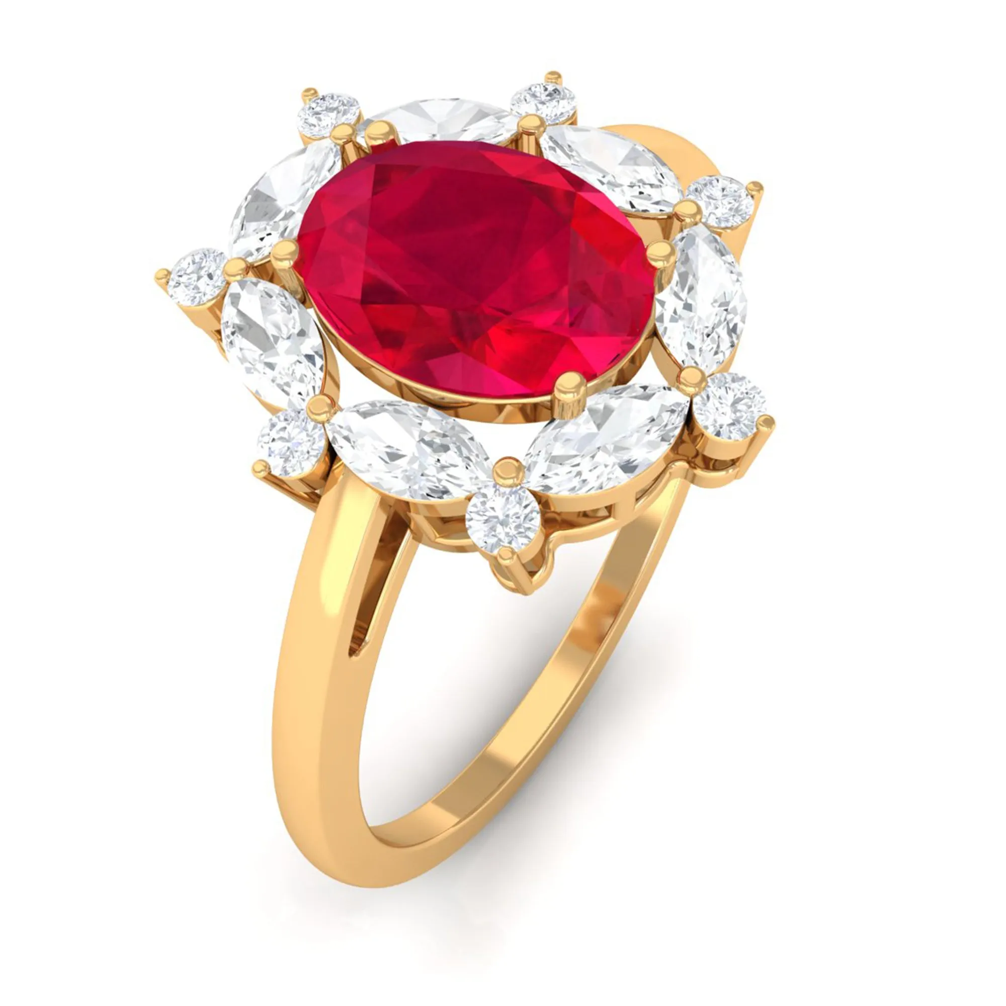 Lab Grown Ruby Designer Halo Engagement Ring with Moissanite