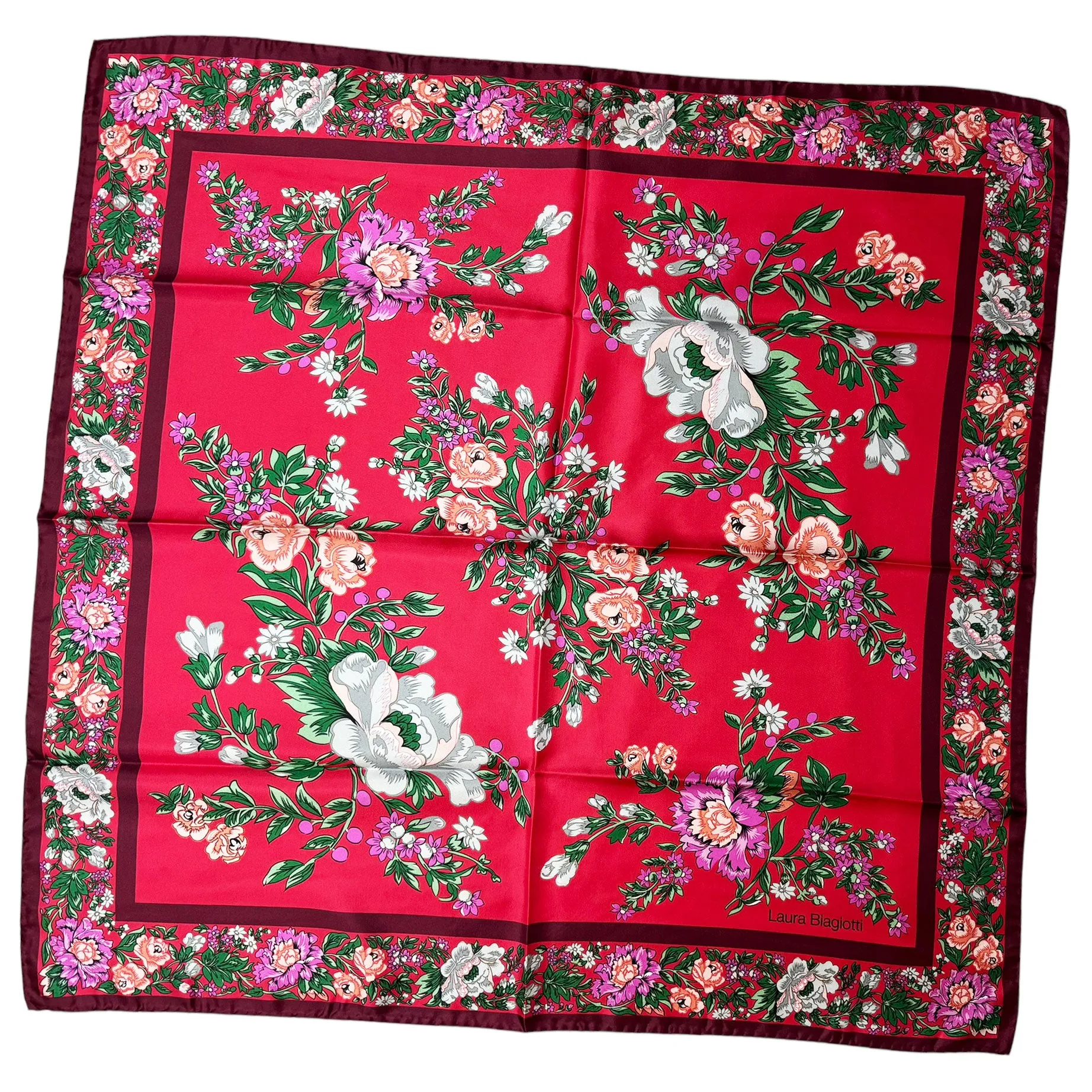 Laura Biagiotti Scarf Floral Red Green - Square Silk Foulard