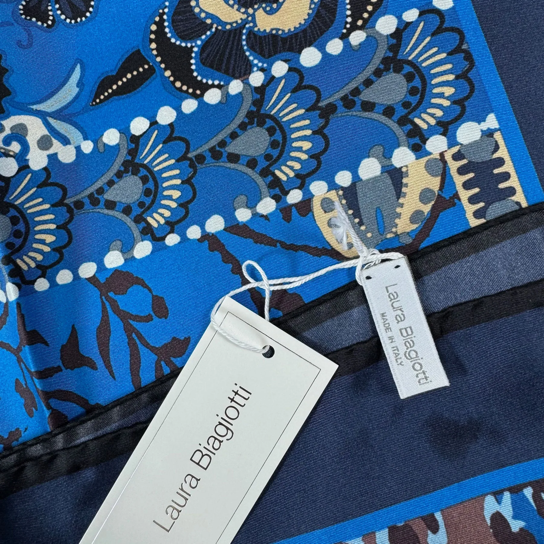 Laura Biagiotti Scarf Navy Brown Blue Floral - Square Silk Foulard - Made In Italy