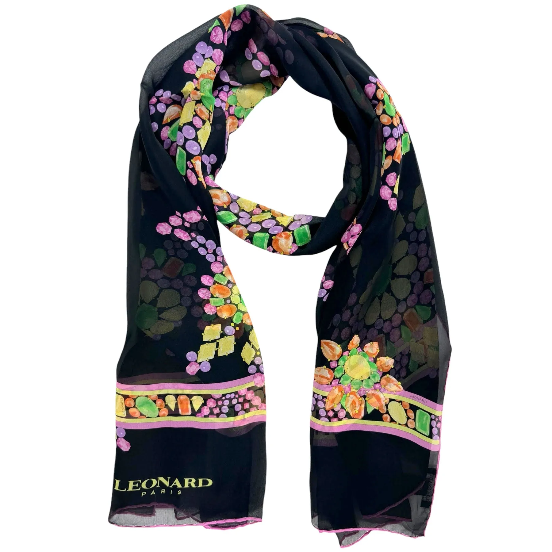 Leonard Paris Scarf Black Pink Yellow Emeralds Design - Chiffon Silk Shawl