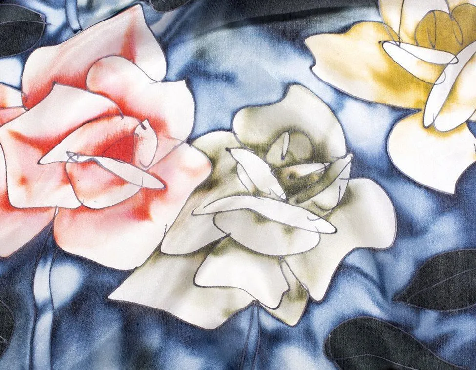 Long Hand Painted Silk Scarf - Blue Roses