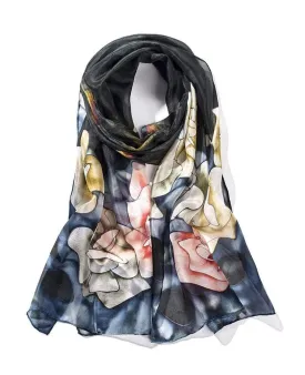 Long Hand Painted Silk Scarf - Blue Roses