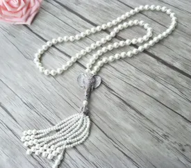 Long Pearl Necklace with Micro-Pave CZ Elephant Tassel Pendant