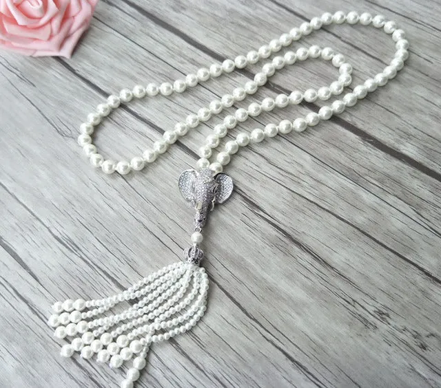 Long Pearl Necklace with Micro-Pave CZ Elephant Tassel Pendant