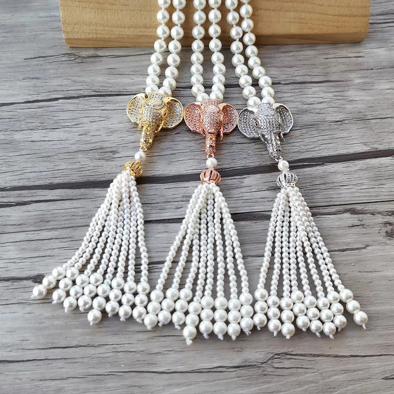 Long Pearl Necklace with Micro-Pave CZ Elephant Tassel Pendant