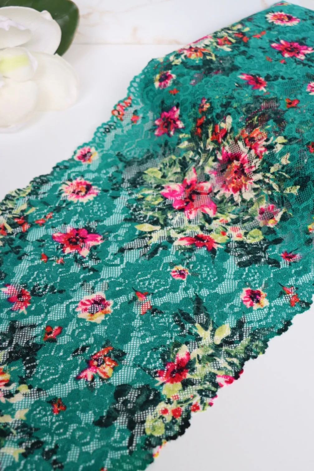 Magenta Floral on Teal 11" Wide Stretch Lace