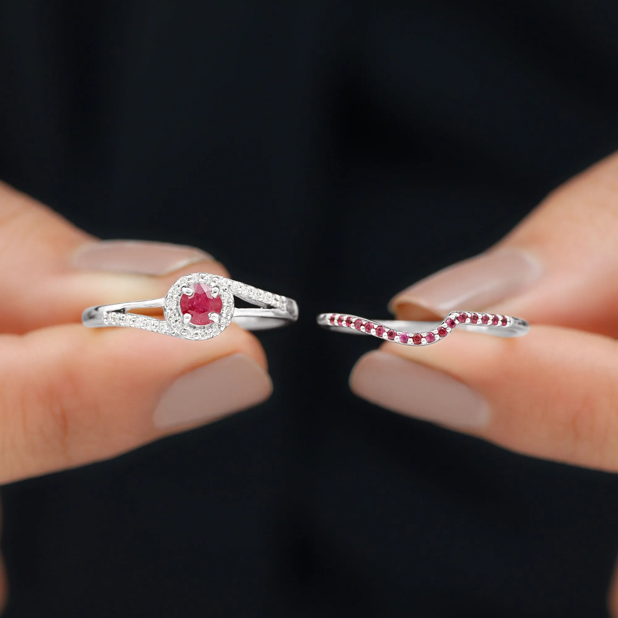 Minimal Bypass Wedding Ring Set with Ruby and Diamond