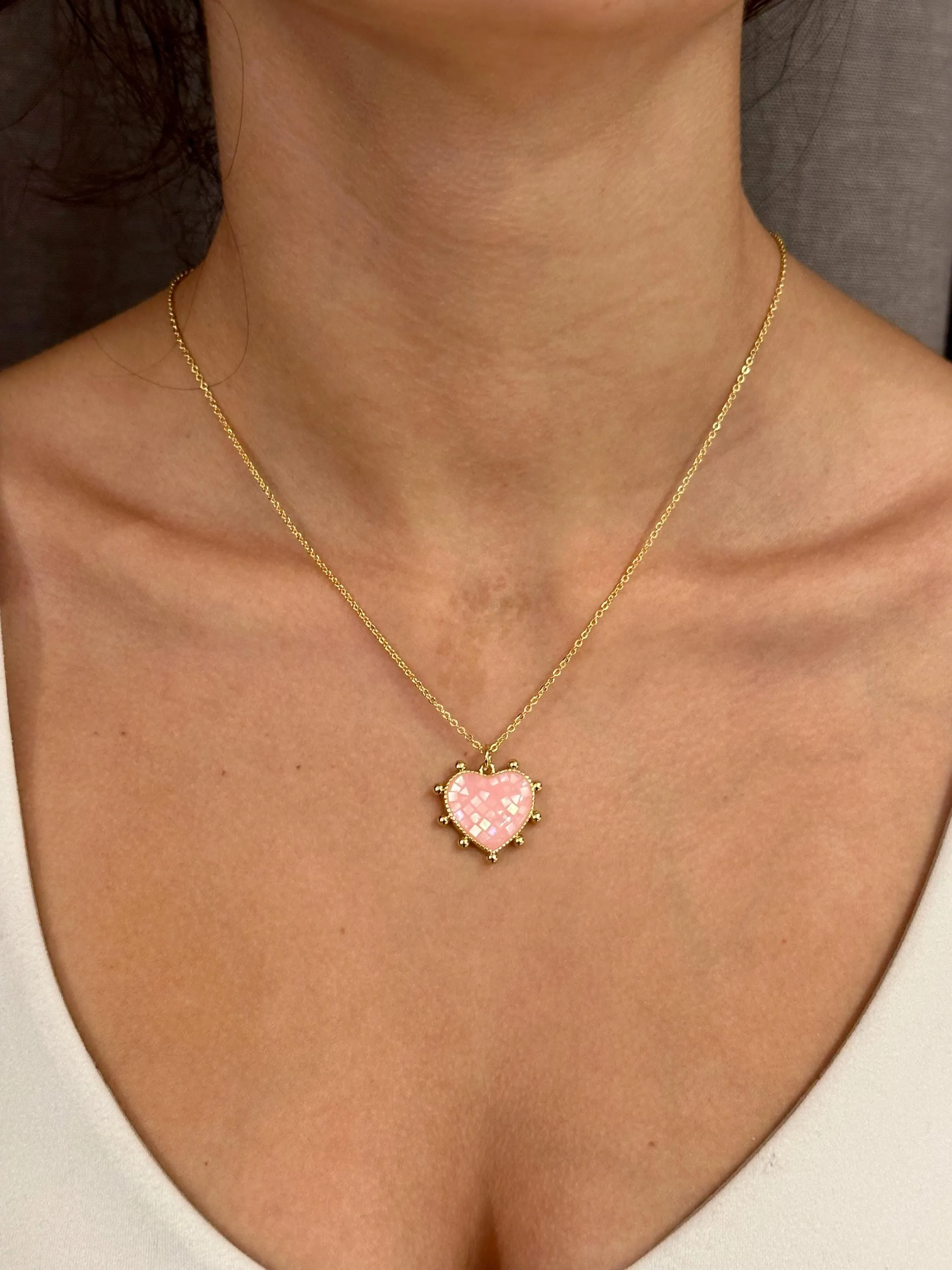 Mosaic Pearl Heart Necklace - Pink