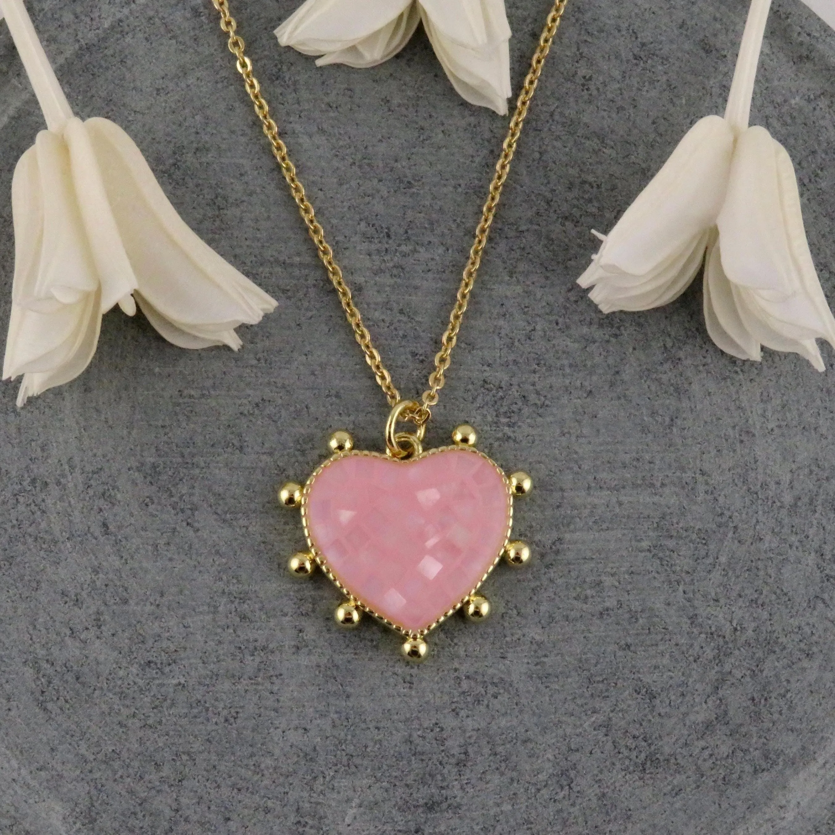 Mosaic Pearl Heart Necklace - Pink