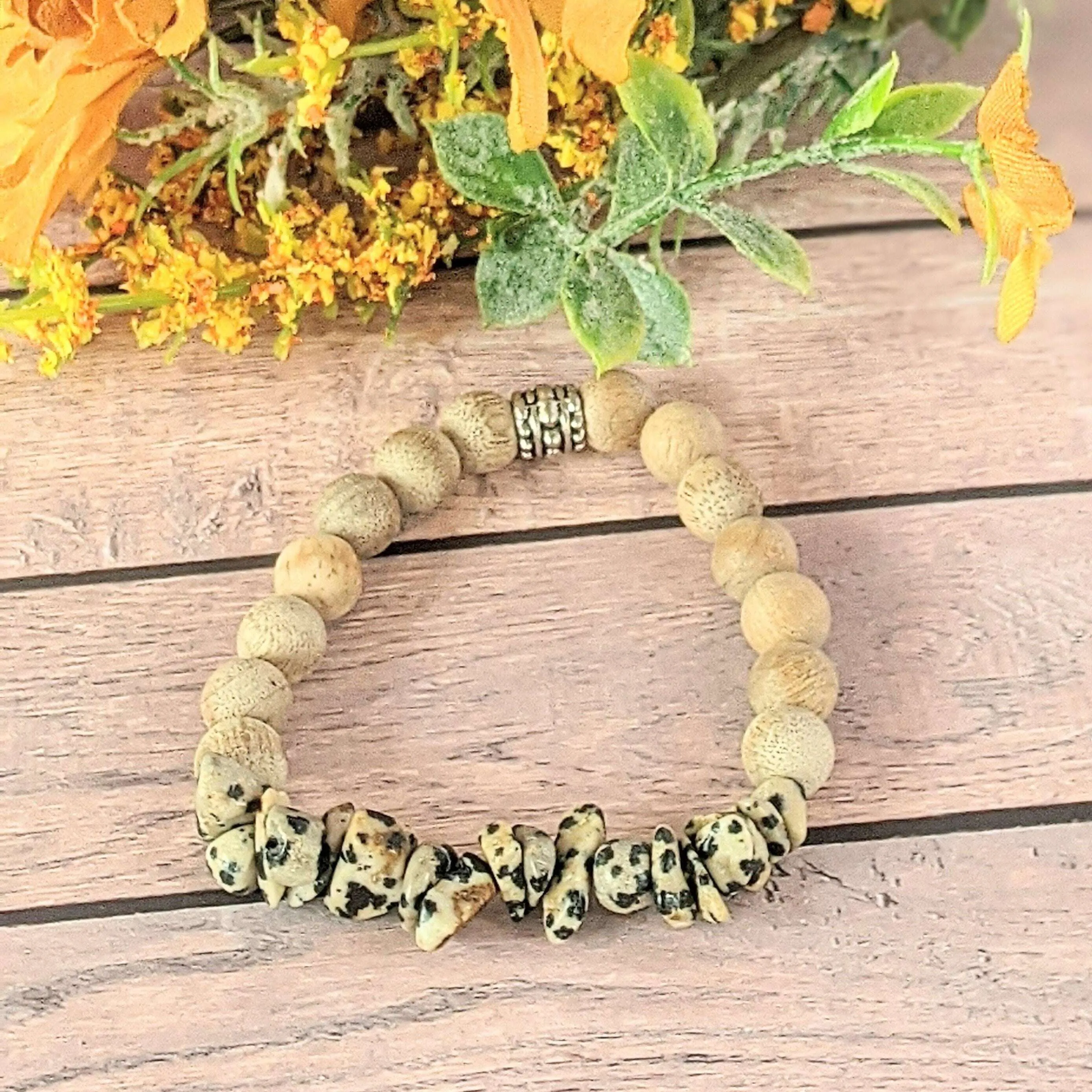 Natural Dalmation Jasper Gemstone Chip Diffuser Bracelet-  Animal Connection Bracelet