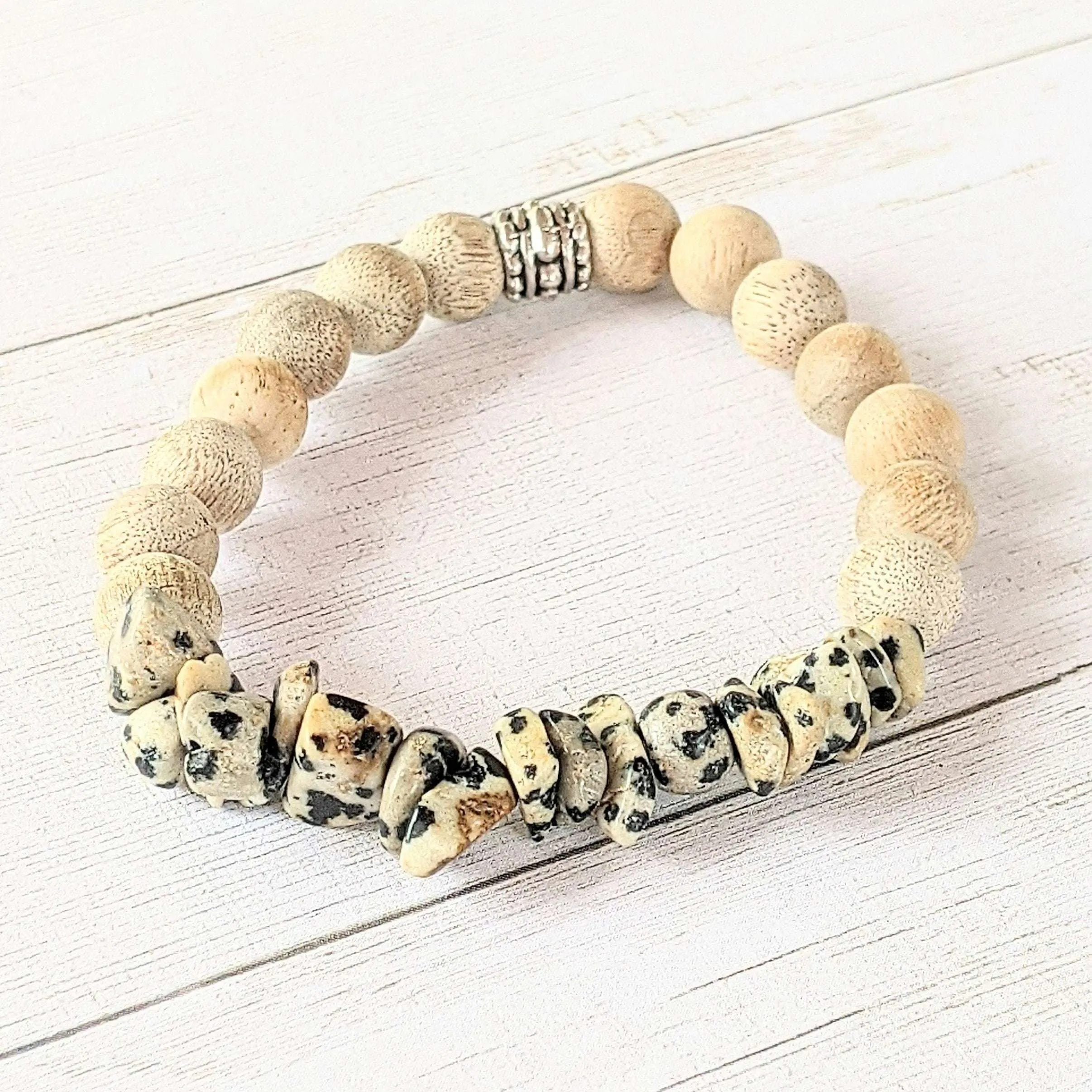 Natural Dalmation Jasper Gemstone Chip Diffuser Bracelet-  Animal Connection Bracelet