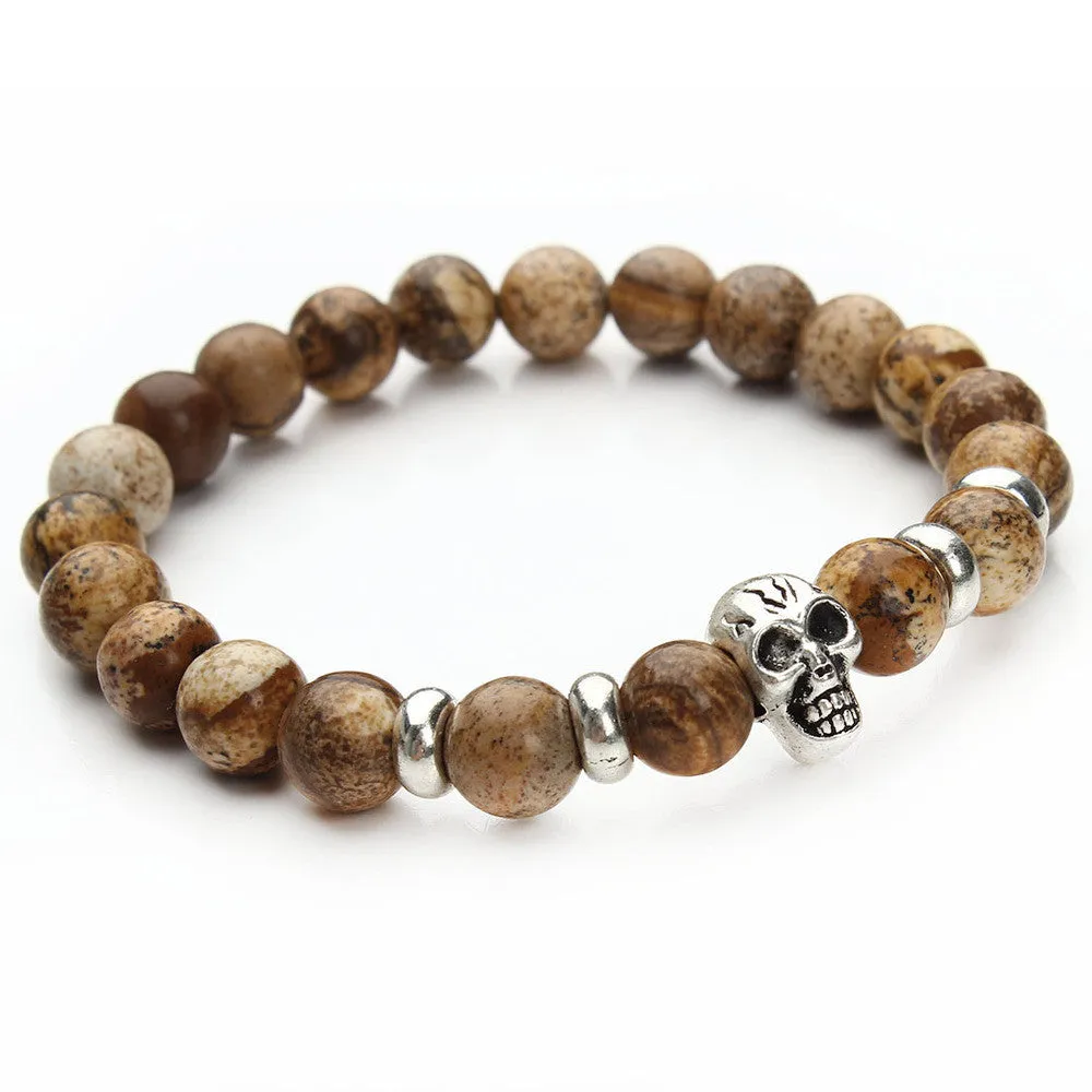 New fashion natural stones skull bracelet Lava stone beads and tiger eye stone beads men bracelet