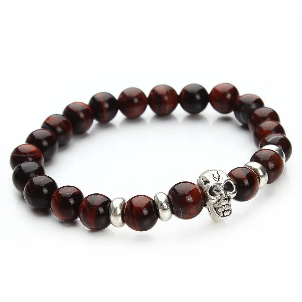 New fashion natural stones skull bracelet Lava stone beads and tiger eye stone beads men bracelet