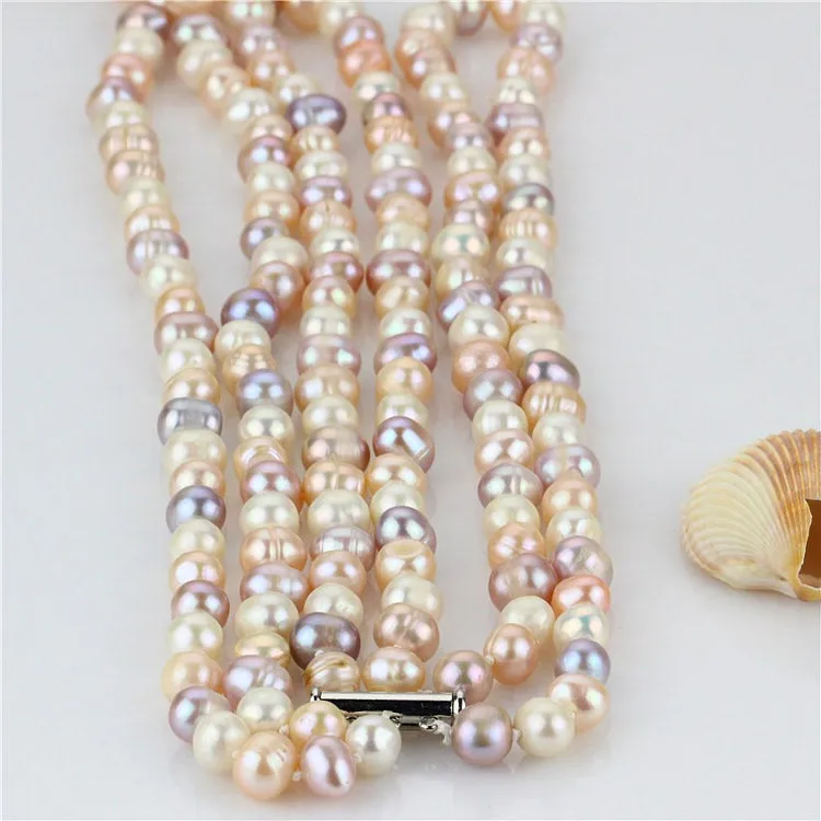 Original Three-layer Multicolour 7mm AA Grade Pearl Necklace, Multi Strand Necklace for Women