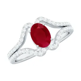 Oval Ruby Minimal Split Shank Ring with Diamond