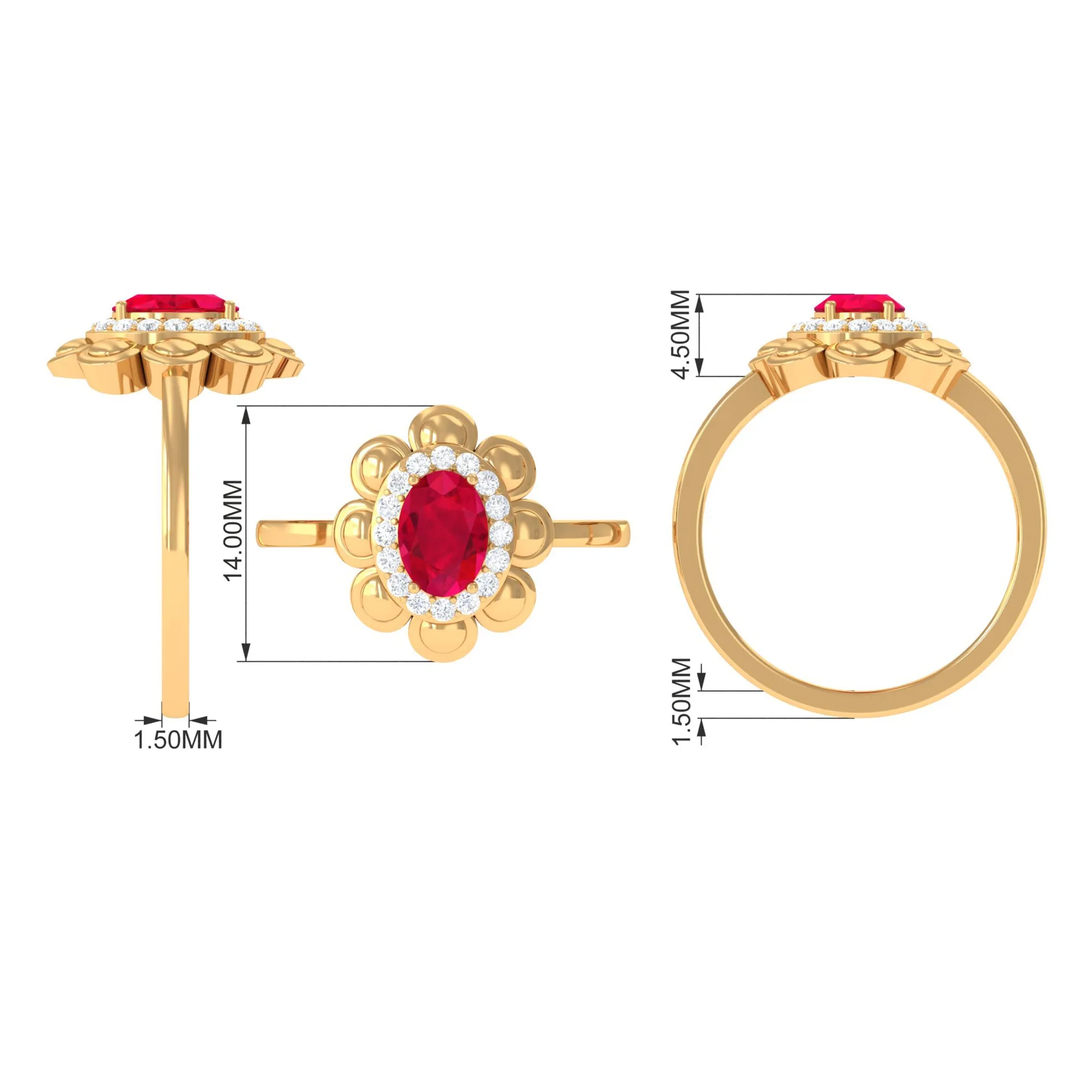 Oval Shape Lab Grown Ruby Floral Ring with Diamond Halo