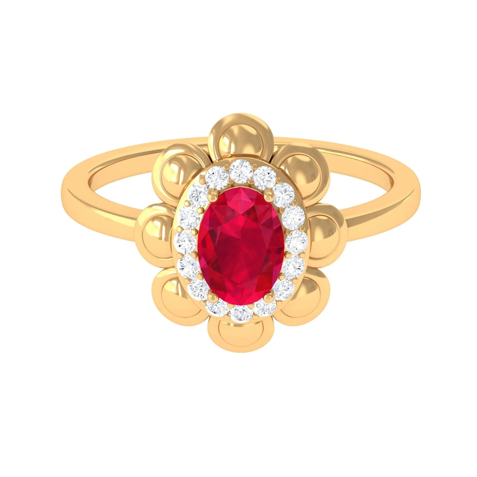 Oval Shape Lab Grown Ruby Floral Ring with Diamond Halo