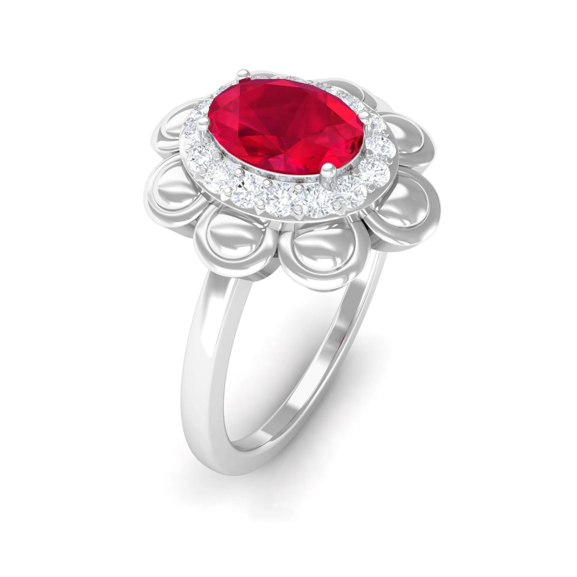 Oval Shape Lab Grown Ruby Floral Ring with Diamond Halo