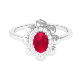 Oval Shape Lab Grown Ruby Floral Ring with Diamond Halo