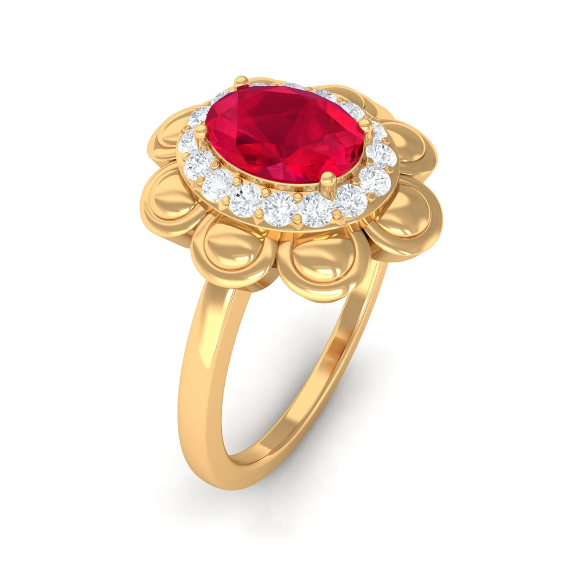 Oval Shape Lab Grown Ruby Floral Ring with Diamond Halo