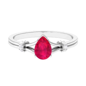 Pear Ruby Solitaire Ring with Diamond in Split Shank