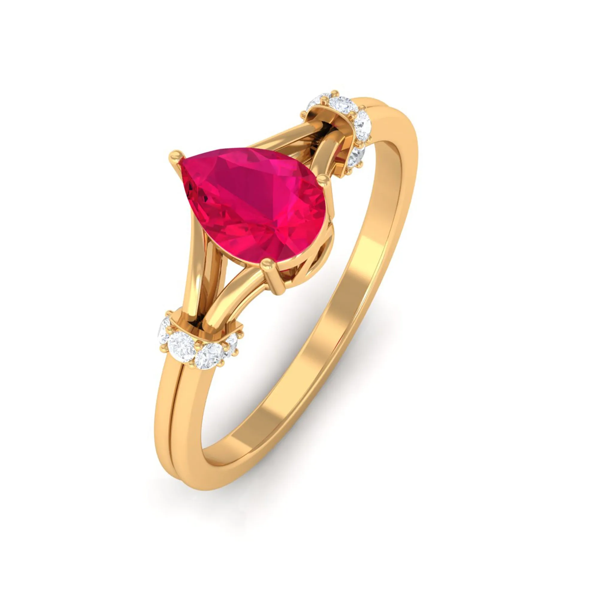 Pear Ruby Solitaire Ring with Diamond in Split Shank