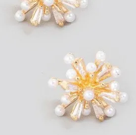 Pearl And Cz Studded Sunburst Stud Earrings