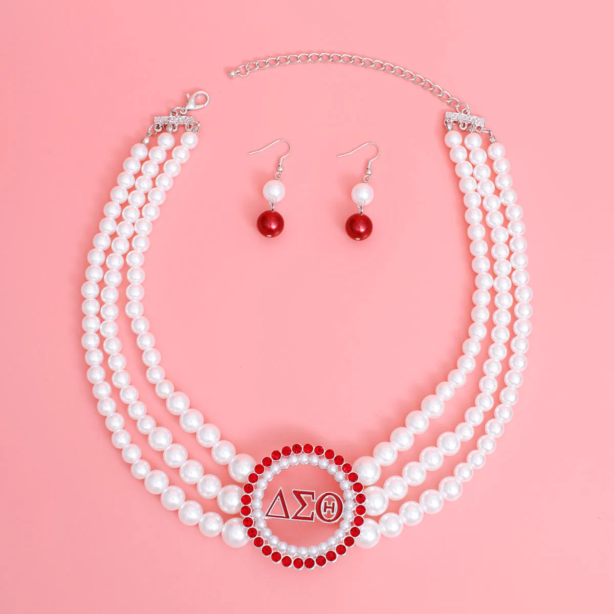 Pearl Necklace Red White Delta Soror Set