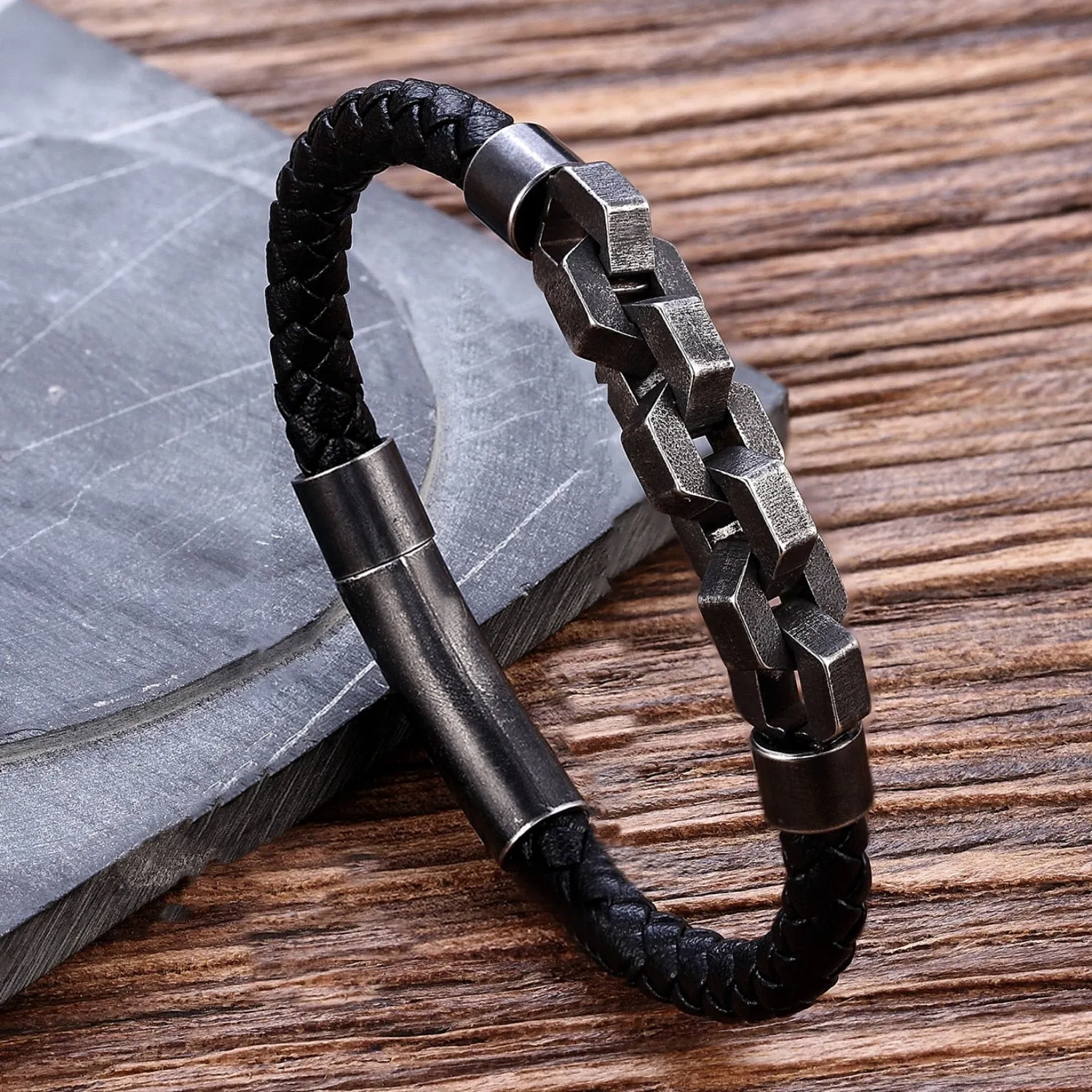 Punk Brushed Bike Chain Leather Bracelet Oxidized Dark Bicycle Chain