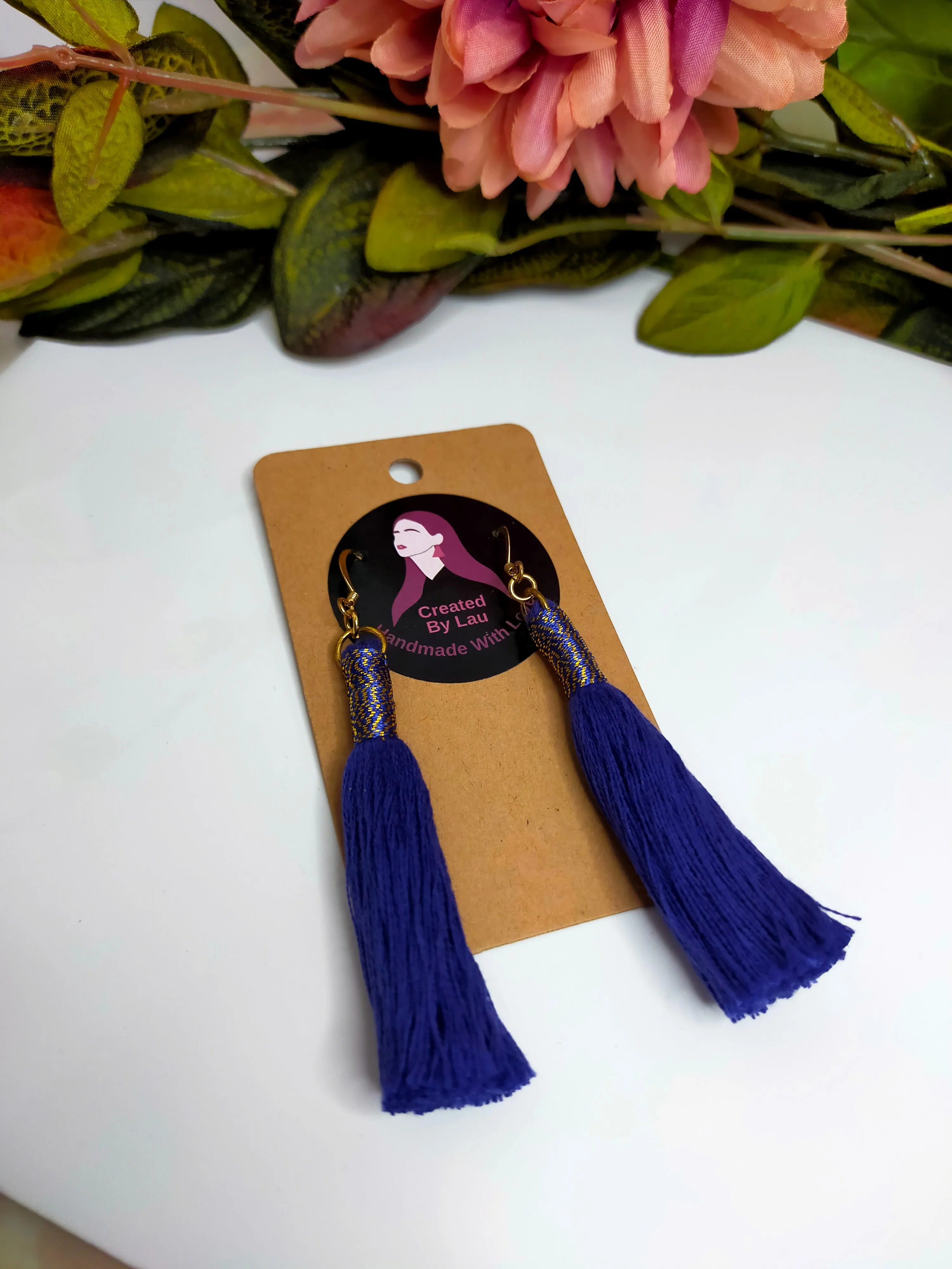 "Kaylee" Denim Blue Tassel Earrings with Metallic Wrap