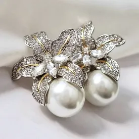 "Orchid" - Two-Tone Pearl and Cubic Zirconia Bridal Earrings