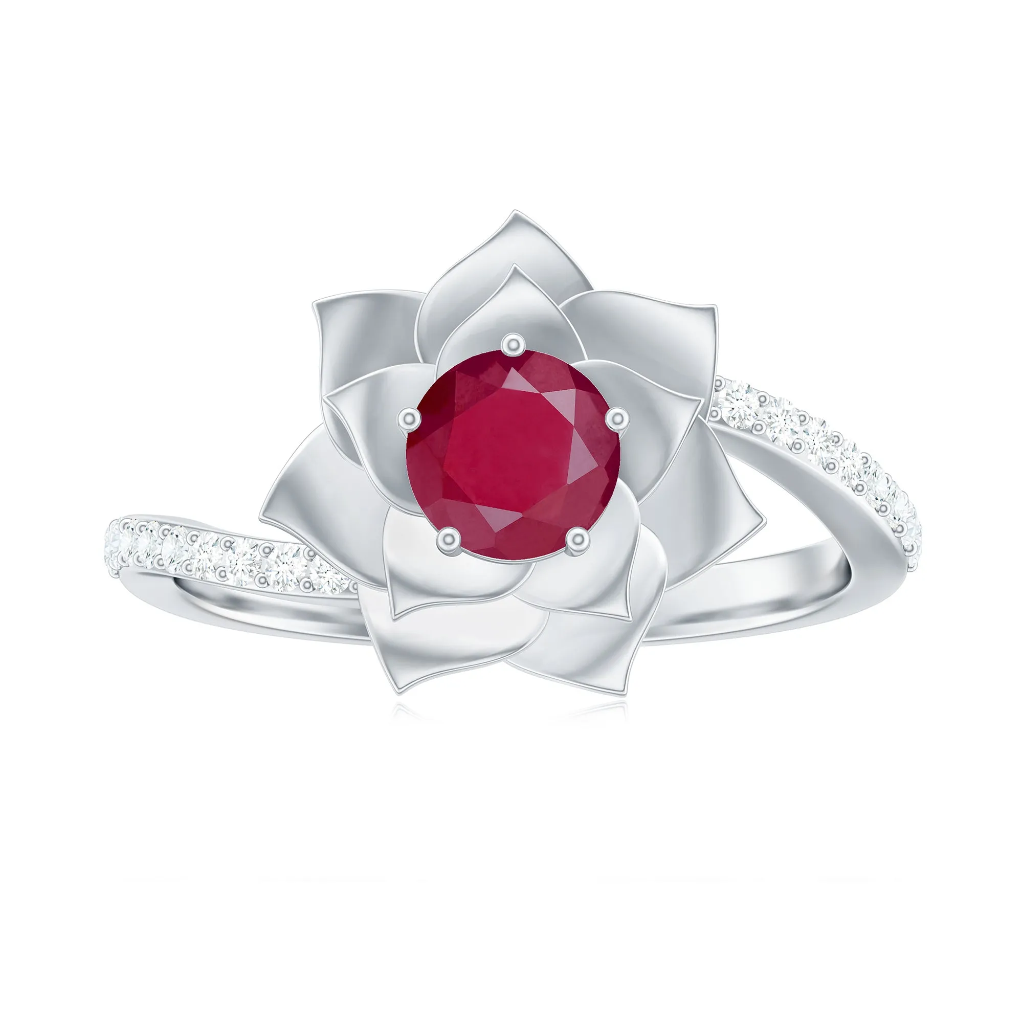 Real Ruby and Diamond Flower Ring with Bypass Shank