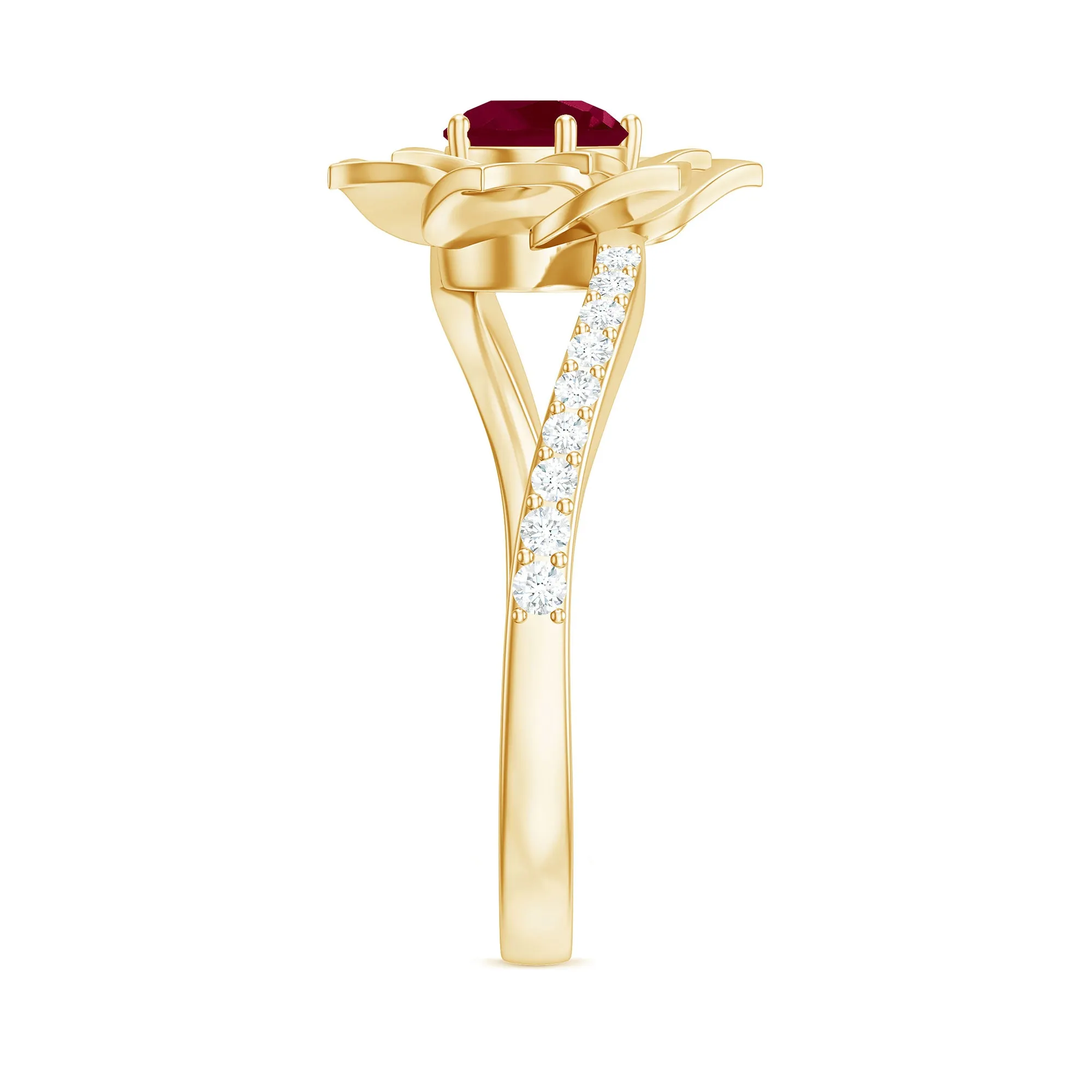 Real Ruby and Diamond Flower Ring with Bypass Shank