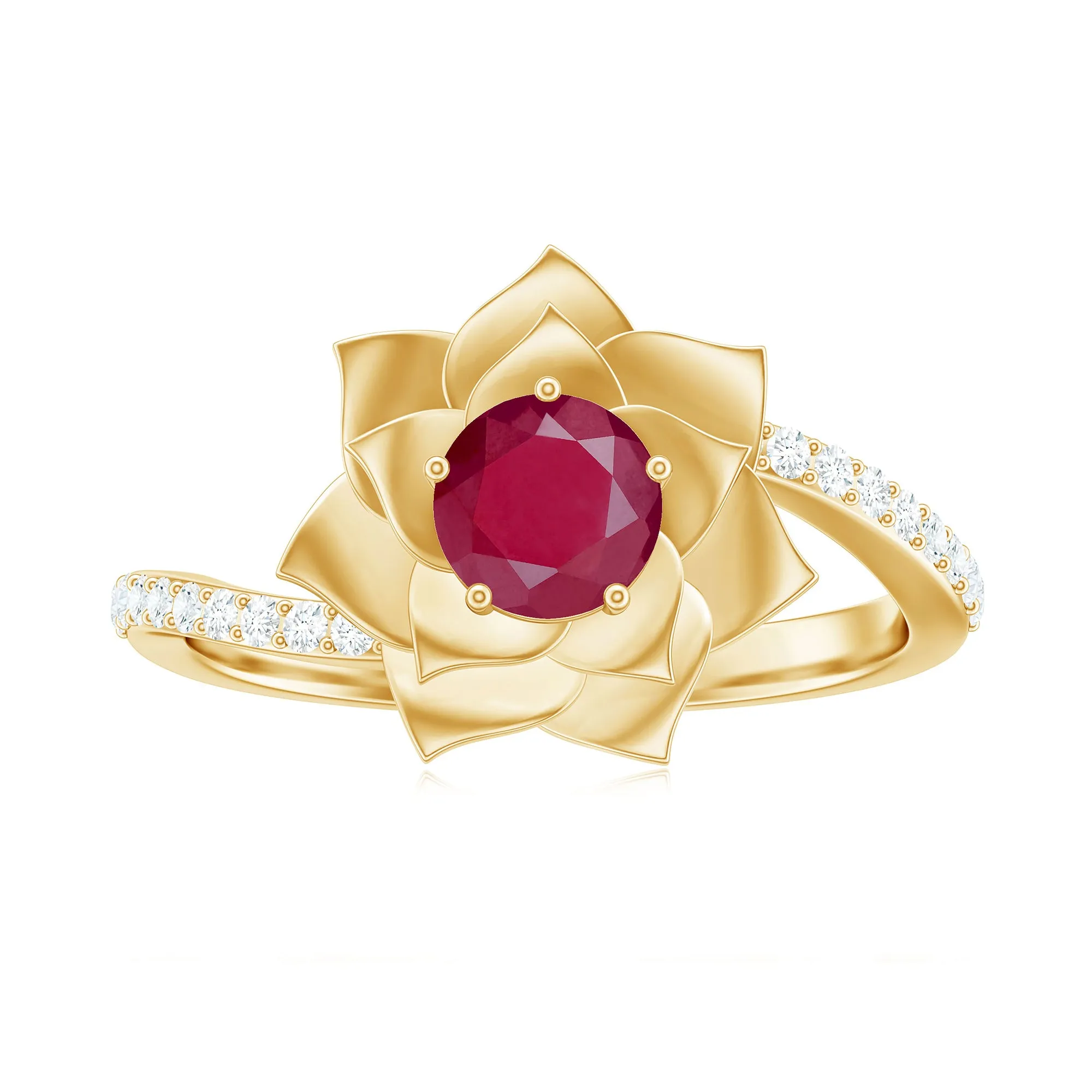 Real Ruby and Diamond Flower Ring with Bypass Shank