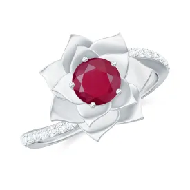 Real Ruby and Diamond Flower Ring with Bypass Shank