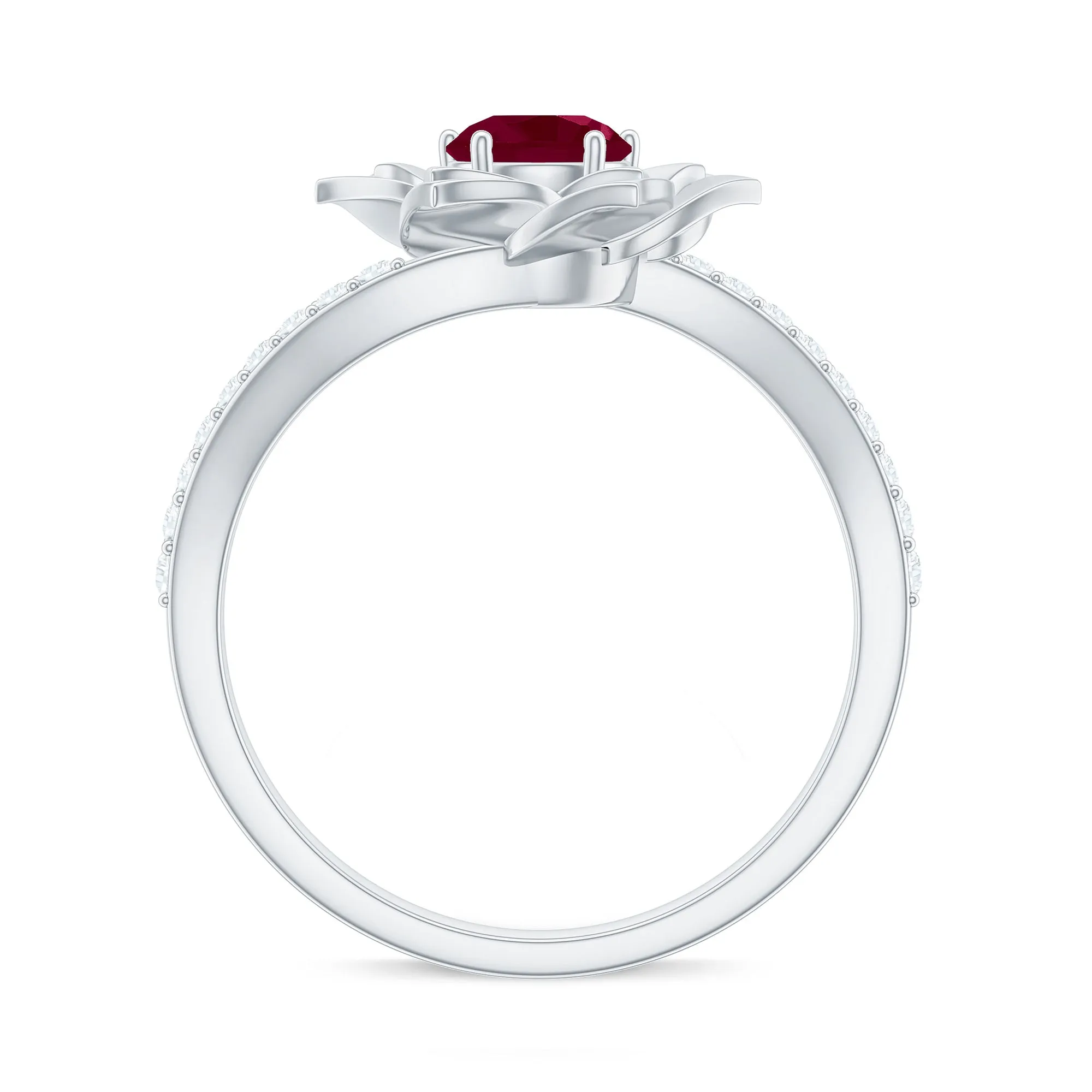 Real Ruby and Diamond Flower Ring with Bypass Shank