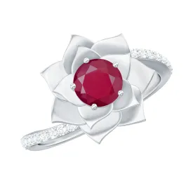 Round Ruby and Diamond Floral Engagement Ring with Bypass Shank