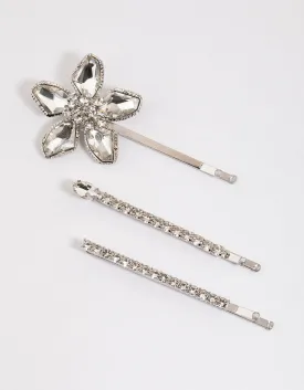 Silver Diamante Flutter Flower Hair Clip Pack