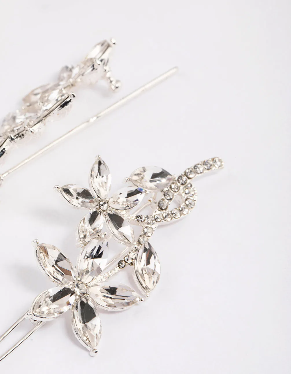 Silver Flower Leaf Diamante Hair Clips Pack