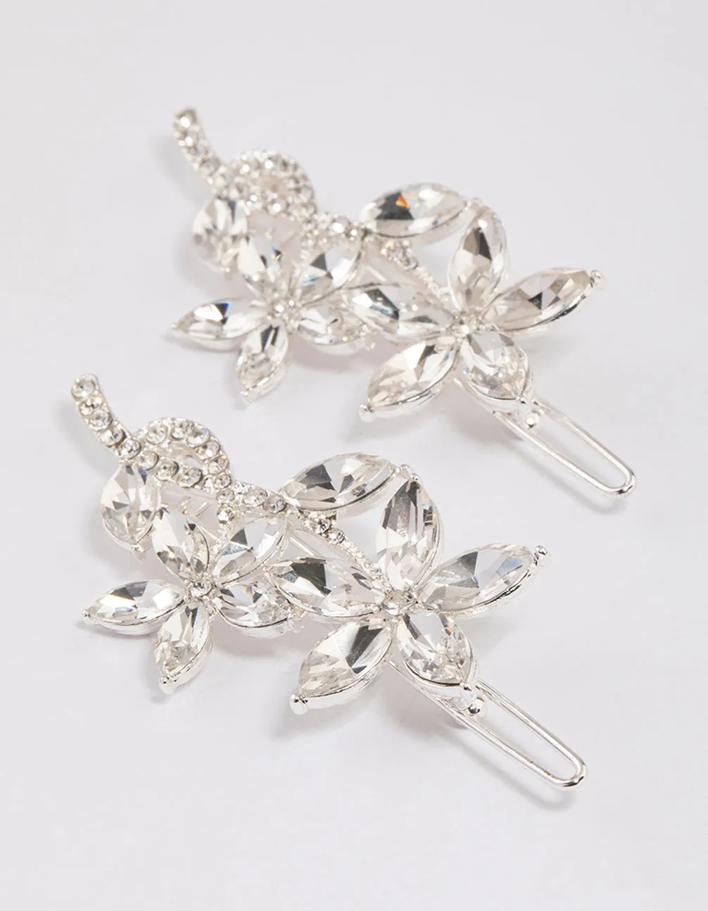 Silver Flower Leaf Diamante Hair Clips Pack