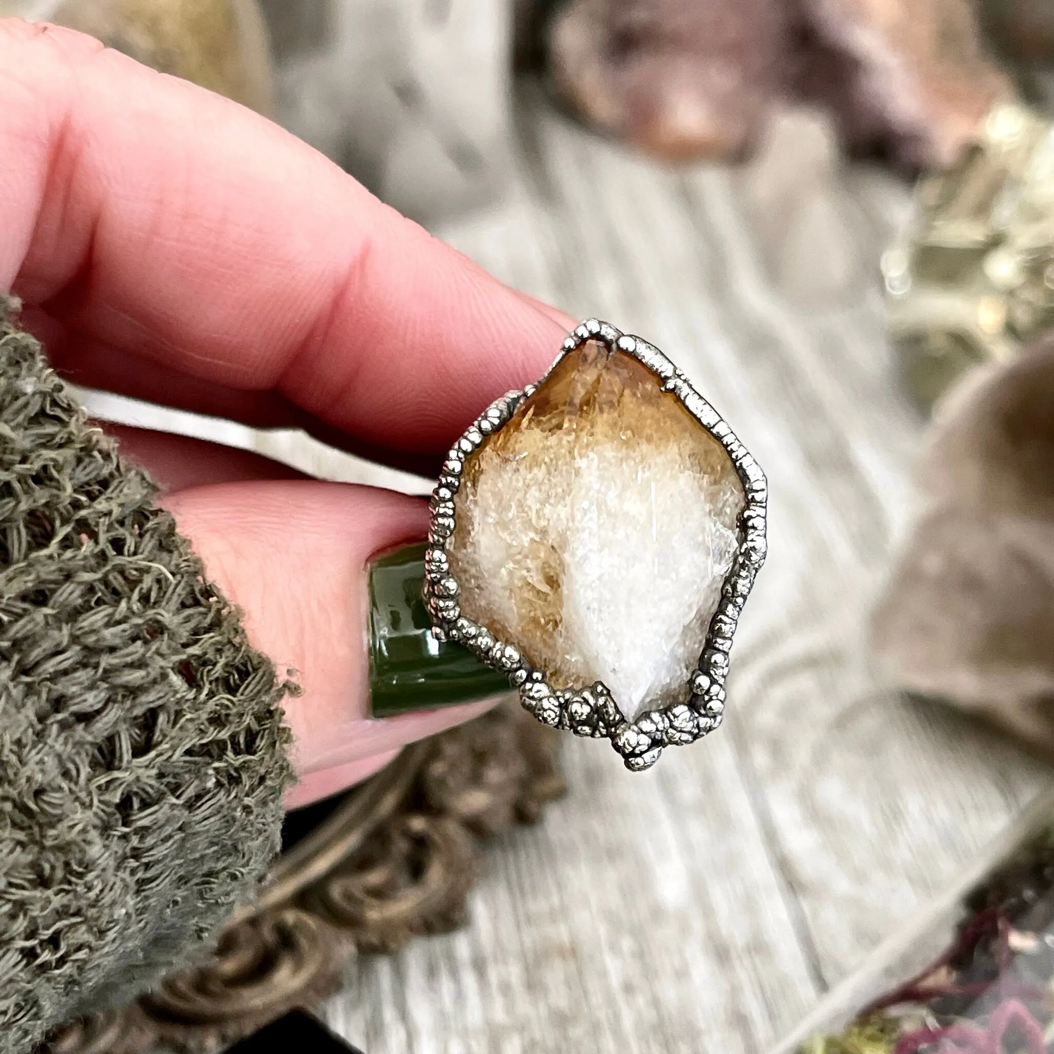 Size 5 Raw Citrine Crystal Point Ring Set in Fine Silver  / Foxlark Collection - One of a Kind