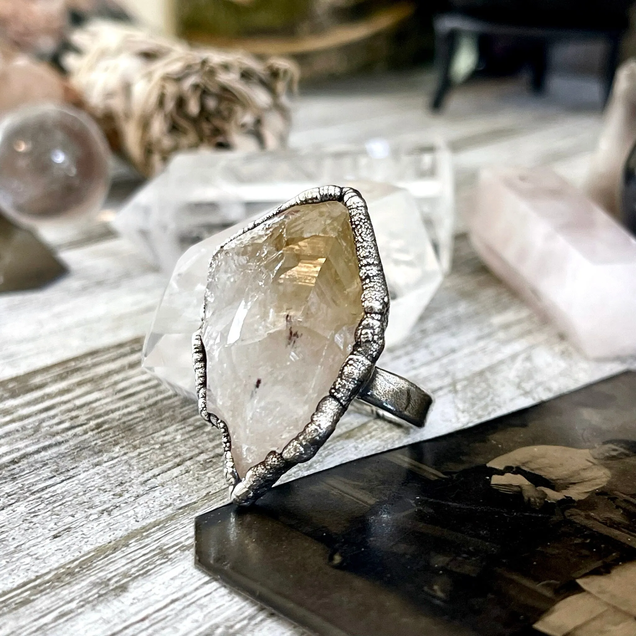 Size 8 Raw Citrine Crystal Point Ring Set in Fine Silver  / Foxlark Collection - One of a Kind